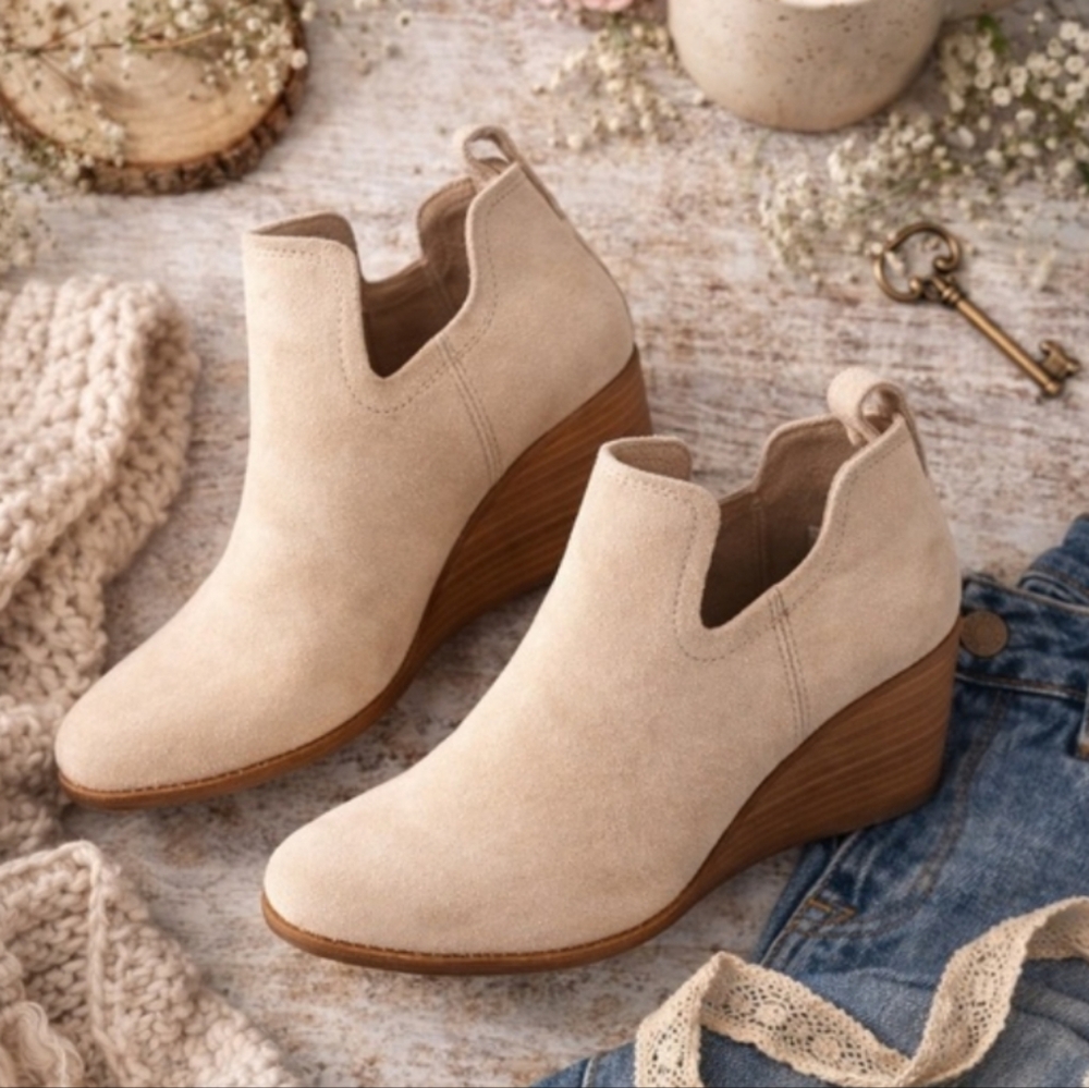 TOMS Beige Suede Wedge Ankle Booties Womens Size 7.5 Slip On Cutout Booties Neut - Picture 2 of 6